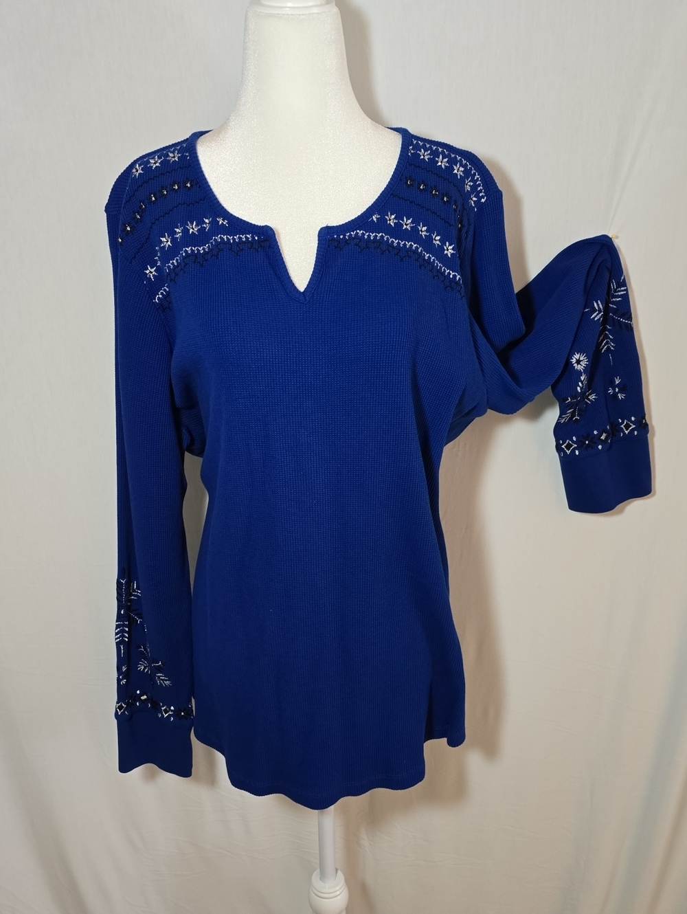 Coldwater Creek Royal Blue Embroidered Split-Neck Long Sleeve Sweater